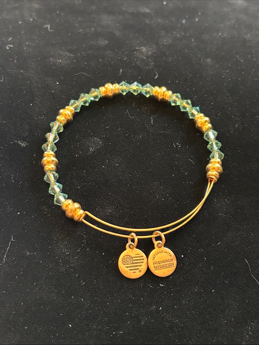 Alex and Ani Gold-Tone Bracelet with Green Crystal Beads and Charms